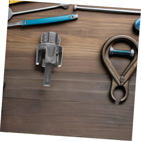 Popetpop 3 Pc Pvc Pipe Threader Set For Electric Drill showcasing a metal threading tool on wooden surface.