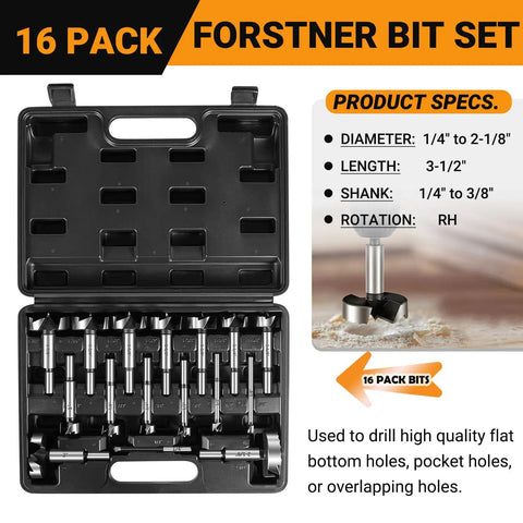 Top Shelf Forstner Bit Set With Sixteen Heavy Duty Wood Drill Bits Cutting Perfect Flat Bottom Holes On Plywood And Softwood For Cabinet Making And Garage Shop Builds Straight Up No Sweat Performance in a black storage case.
