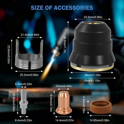 Premium 23Pcs Loner Plasma Consumables Kit for Cutting Torch 040 Inch Nozzle And Swirl Ring sizes and dimensions displayed.