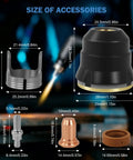 Premium 23Pc IPT60 Plasma Cutter Torch Consumables Kit With .040 Inch Nozzles And Tips For CUT55 Non-HF Or CUT60 Machines Cutting Metal At 40 To 50 Amps Great Value Build showing accessory sizes and measurements.