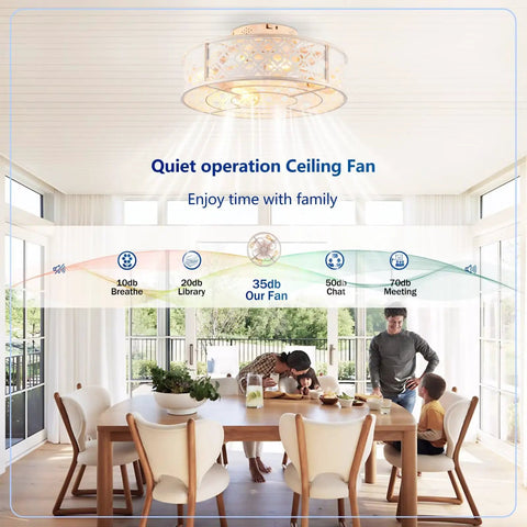 20" Retro White Floral Caged Ceiling Fan with Remote, Flush Mount Low Profile Enclosed Ceiling Fan Light Fixture, Reversible Silent DC Motor Fan for Indoor Bedroom Living Room, Bulbs Sold Separately in a family dining setting.