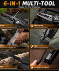 All In One Camping Hatchet With Hammer And Knife And Protective Sheath For Survival Gear For Men Dad Emergency Car Tool And Hiking Accessories A Real Workhorse Outdoor Gadget For Hiking And Adventure showing 6-in-1 multi-tool functions: pliers, wire cutter, knife, file, saw, and fire-starting stick/whistle.