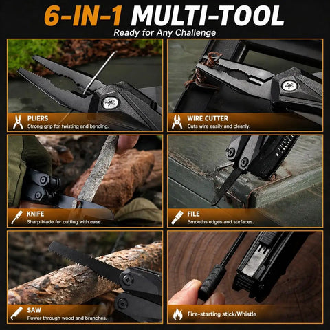 All In One Camping Hatchet With Hammer And Knife And Protective Sheath For Survival Gear For Men Dad Emergency Car Tool And Hiking Accessories A Real Workhorse Outdoor Gadget For Hiking And Adventure showing 6-in-1 multi-tool functions: pliers, wire cutter, knife, file, saw, and fire-starting stick/whistle.
