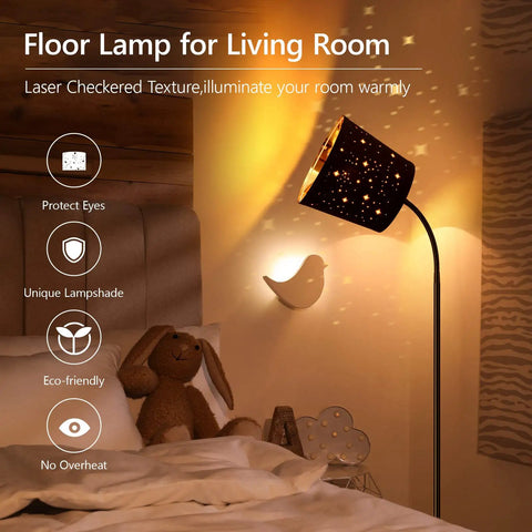 LED Floor Lamp With Linen Shade Tall 67 Inch Standing Lamp Adjustable Gooseneck Modern Reading Light with star pattern in cozy bedroom