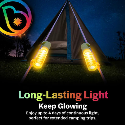 LED Tent String Lights For Guylines 4 Pack Bright Green Camping Lights clipped to tent ropes at night