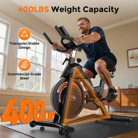 Man using Magnetic Indoor Exercise Bike With Exclusive App, 400 Lb Weight Capacity, in home setting