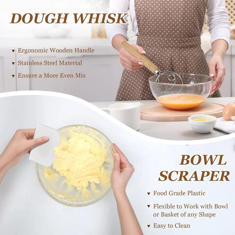 Pro Grade Sourdough Starter Kit With 2 9 Inch Round Banneton Proofing Baskets 24 Oz Glass Jar Danish Dough Whisk and Scraper for easy bread making with ergonomic handle and food-grade plastic bowl scraper.