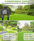 Dual zone water timer display on a lush green lawn, showing 16 Nozzle Oscillating Sprinkler with automatic rocking motion functionality.