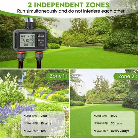 Dual zone water timer display on a lush green lawn, showing 16 Nozzle Oscillating Sprinkler with automatic rocking motion functionality.