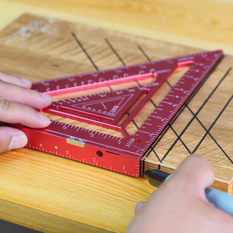 Person using 7.5-Inch Magnetic Rafter Square With Jig Block Multi-Angle Measuring Tool for precise 90-degree lines on wood