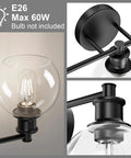 Close-up of Three Light Industrial Vanity Fixture In Matte Black With Clear Glass Globes, Farmhouse Style Bath Lighting details