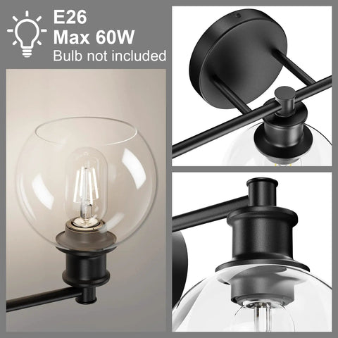 Close-up of Three Light Industrial Vanity Fixture In Matte Black With Clear Glass Globes, Farmhouse Style Bath Lighting details