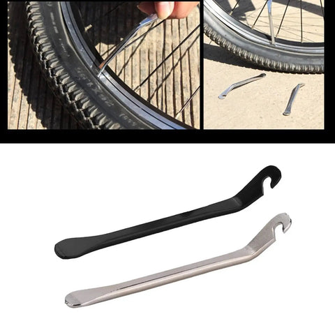Five Pack Bike Tire Levers Set, Heavy Duty Steel Crowbars For Quick Tire Changes shown removing bike tire