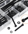 M4 Hex Socket Head Cap Screws Kit With Nuts, Washers And Black Oxide Finish, 200 Pcs, Sizes 30mm, 35mm, 40mm, 45mm, 50mm, Fully Threaded Bolts In 12.9 Grade Alloy Steel, Includes Lock Washers And Flat Washers HELIFOUNER displayed in box
