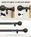 Black Curtain Rods For Windows 36 To 150 Inches, 7/8 Inch Adjustable Heavy Duty Drapery Rods With Round Textured Finials
