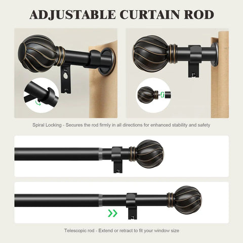 Black Curtain Rods For Windows 36 To 150 Inches, 7/8 Inch Adjustable Heavy Duty Drapery Rods With Round Textured Finials