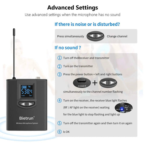 Advanced settings for UHF Wireless Lavalier Microphone System With 165 Foot Range Rechargeable Transmitter And Receiver One Quarter Inch Output Perfect For iPhone DSLR Camera YouTube Recording And Live PA Speaker Setups.
