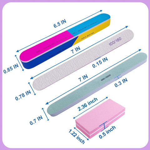 All In One Nail File And Buffer Kit Pack Of 16 with pink buffer blocks, gray emery boards, and shine buffers shown with dimensions