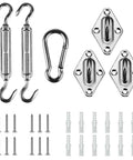 Components of 6 Inch Triangle Sun Shade Sail Hardware Kit in 304 Stainless Steel for Outdoor Installation including turnbuckles and screws.