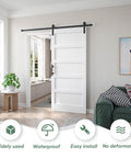 36x84 Inch White Barn Door With Six Point Six Foot Sliding Hardware Kit Included And Handle Five Panel Fits 33 To 34 Inch Opening Solid MDF PVC Surface Waterproof Scratch Proof Durable DIY Assembly installed in living room