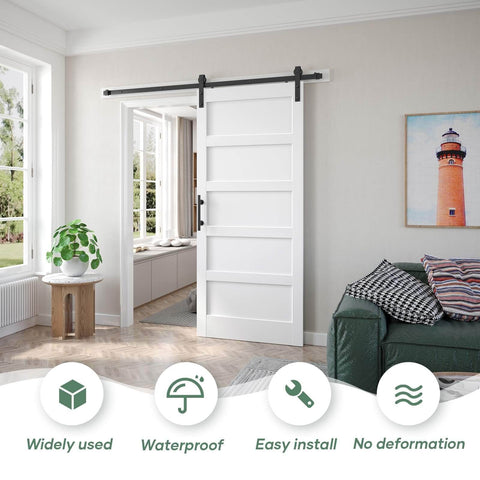 36x84 Inch White Barn Door With Six Point Six Foot Sliding Hardware Kit Included And Handle Five Panel Fits 33 To 34 Inch Opening Solid MDF PVC Surface Waterproof Scratch Proof Durable DIY Assembly installed in living room