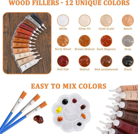 DIY Wood Repair Kit for Scratches and Cracks on Hardwood, Laminate, Vinyl Floors and Furniture, 12 color fillers, palette, brushes