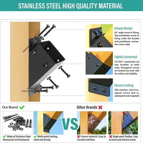 Heavy Duty 45 Degree Corner Brace Support Bracket Set Of 8 For Deck Pergola Gazebo Shed Posts Black Powder Coated Steel post connector installed on wood