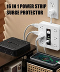 16 In 1 Smart Power Strip Surge Protector With 12 AC Outlets And Dual USB C Ports, black and white design with a phone charging.