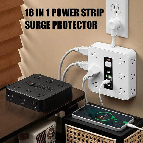 16 In 1 Smart Power Strip Surge Protector With 12 AC Outlets And Dual USB C Ports, black and white design with a phone charging.