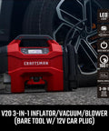 Plug And Play Three In One Portable Air Compressor Tire Inflator And Car Vacuum With Knockout 160 Psi Pressure And Quick Blast 20k Rpm Blower Setup visible near a tire with LED display.