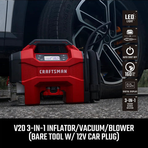 Plug And Play Three In One Portable Air Compressor Tire Inflator And Car Vacuum With Knockout 160 Psi Pressure And Quick Blast 20k Rpm Blower Setup visible near a tire with LED display.