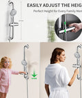 Stainless Steel Shower Grab Bar Set With Handheld Shower Head And Extra Long Hose showing adjustable sliding for all ages.