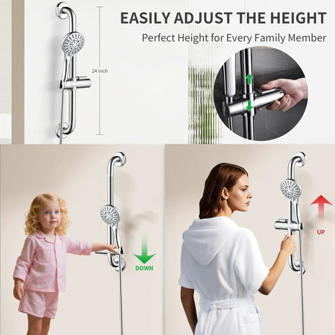 Stainless Steel Shower Grab Bar Set With Handheld Shower Head And Extra Long Hose showing adjustable sliding for all ages.