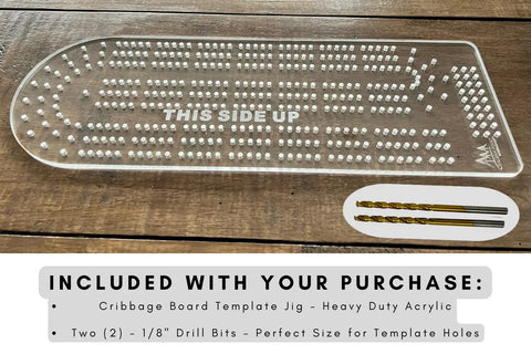 Keep It Simple And Nail The Layout With This Heavy Duty Acrylic Cribbage Template Router Jig Drilling Guide For Smooth Woodworking DIY Game Creations Today, showing jig with drill bits.
