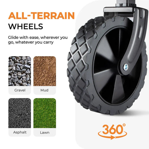 Close-up of all-terrain wheel on Heavy Duty Collapsible Wagon With All Terrain Wheels And Drink Holders 220 Lbs Capacity Foldable Utility Cart