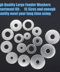 Front view of assorted 304 stainless steel Fender washers in multiple sizes on a black background.