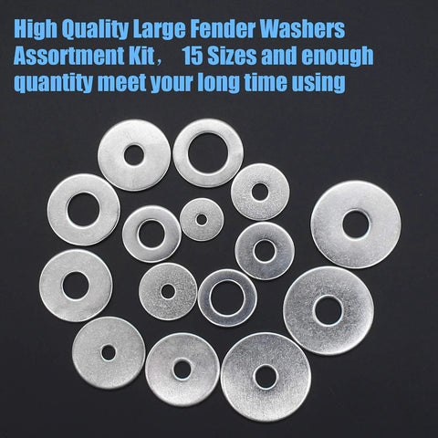 Front view of assorted 304 stainless steel Fender washers in multiple sizes on a black background.