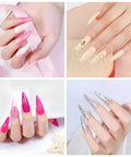 Gel Nail Polish Kit With UV Light And Drill, 53-Piece Set on various nail designs including pink, nude, glitter, and floral art.