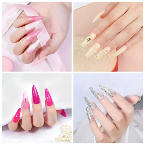 Gel Nail Polish Kit With UV Light And Drill, 53-Piece Set on various nail designs including pink, nude, glitter, and floral art.