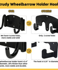 Comparison of Heavy Duty Wheelbarrow Storage Bracket With Wall Mount Black Sturdy 80 Lb Capacity Outdoor Garden And Workshop Space Saver and competitor's bracket displaying screw holes and hook size differences.