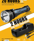 Three Thousand Lumen Dive Light With Lockable Switch For Night Dives, Waterproof To 150m, 20 Hour Runtime, flashlight with charger