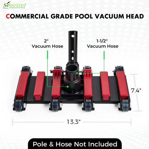 Front view of Commercial Grade Pool Vacuum Head With Wheels 14 Inch Extra Wide Heavy Duty Vacuum Cleaner showing red components