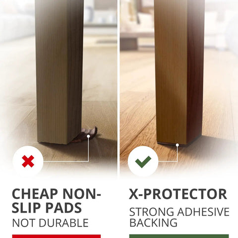 Comparison of cheap non-slip pads failing and X-Protector non slip furniture pads effectively gripping a wooden floor.