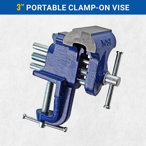 COV-3 Clamp On Vise With Three Inch Jaw Width Portable Gray Iron Casting Blue Finish Sturdy Steel Screw And Guide Rods