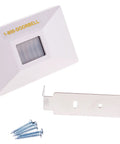 Easy Install Door Alarm With 16x12 Foot Detection Area And 70dB Alert, battery powered, shown with mounting bracket and screws