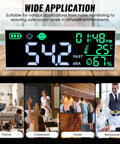13 Inch Large LCD Decibel Meter With Alarm, 30 To 130dB Range, Wall Hanging Sound Level Gauge For Studio Classroom Home, Temperature And Humidity Display, Color Coded Alerts For Quick Noise Monitoring, wall-mounted black display on table