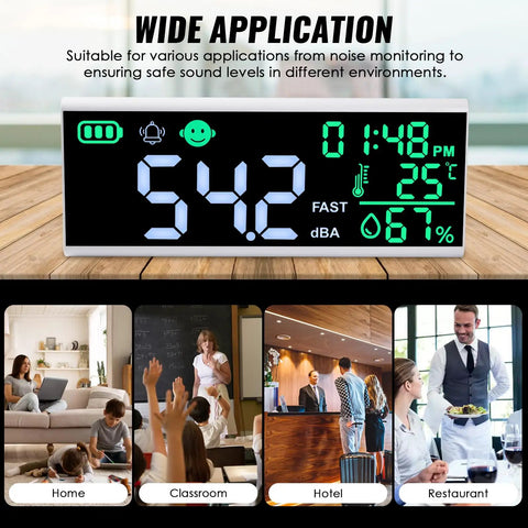 13 Inch Large LCD Decibel Meter With Alarm, 30 To 130dB Range, Wall Hanging Sound Level Gauge For Studio Classroom Home, Temperature And Humidity Display, Color Coded Alerts For Quick Noise Monitoring, wall-mounted black display on table