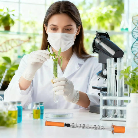 One Milliliter Syringes With Needles 30 Gauge Five Sixteenths Of An Inch 8mm U100 Individually Wrapped Thirty Pack For Lab Research And Medical Use With Clear Readouts And Precise Measurements, orange cap syringe on lab bench