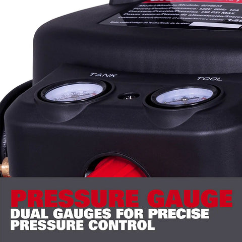 Heavy Duty Six Gallon Pancake Air Compressor With Dependable Oil Free Pump Generating 150 Psi And Smooth 2.6 Cfm Airflow pressure gauge with dual readings.