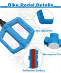 Bike Pedal Details showing blue Kid Friendly 1/2 Inch Thread Universal Lightweight Non Slip Nylon Flat Pedals with anti-skid pins.